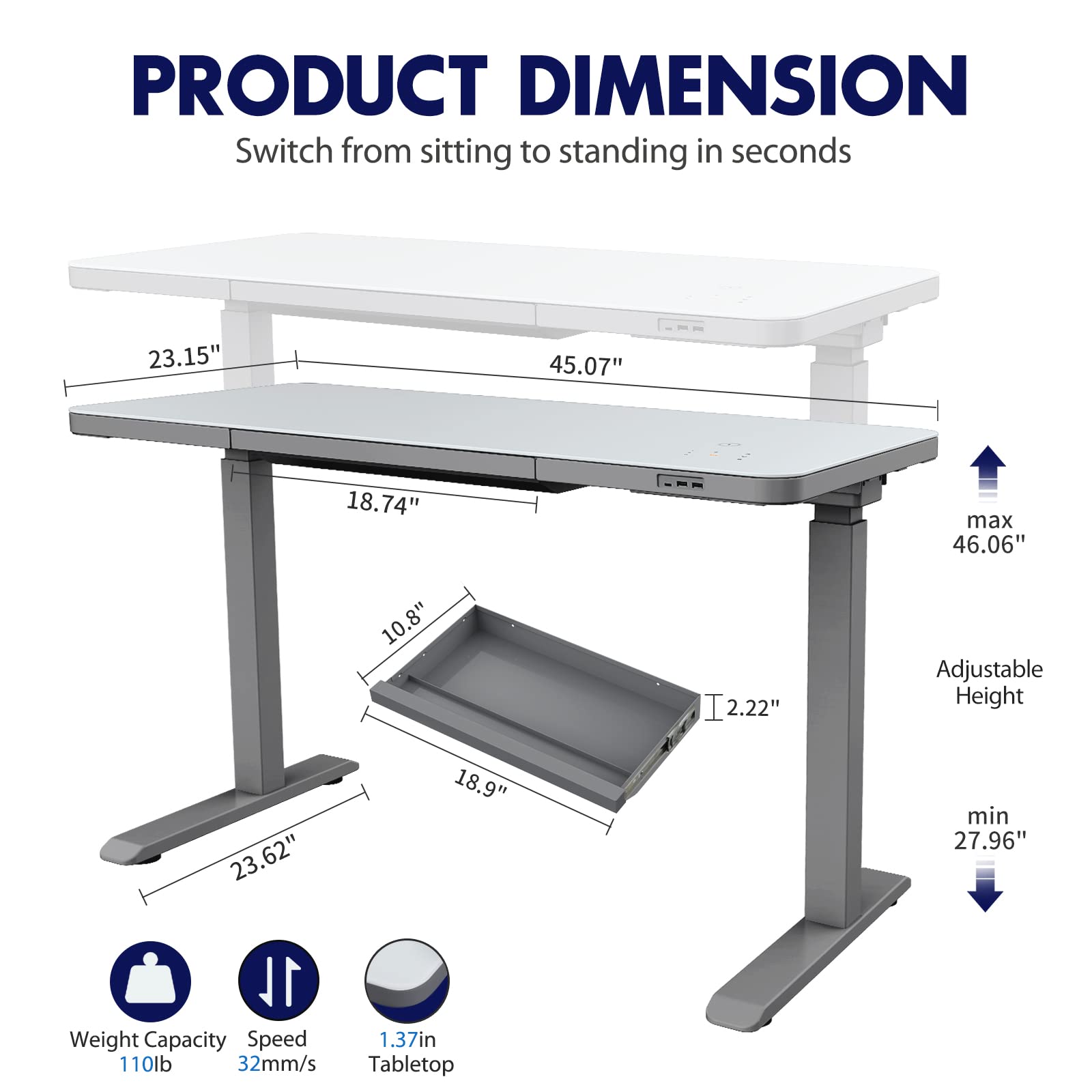 ERGOMORE Glass Standing Desk with Drawer, 45 x 23 Inches Touch Control Adjustable Height Desk with USB Ports & Wireless Charging, Dual Motor Sit Stand up Desk for Home & Office (Gray)