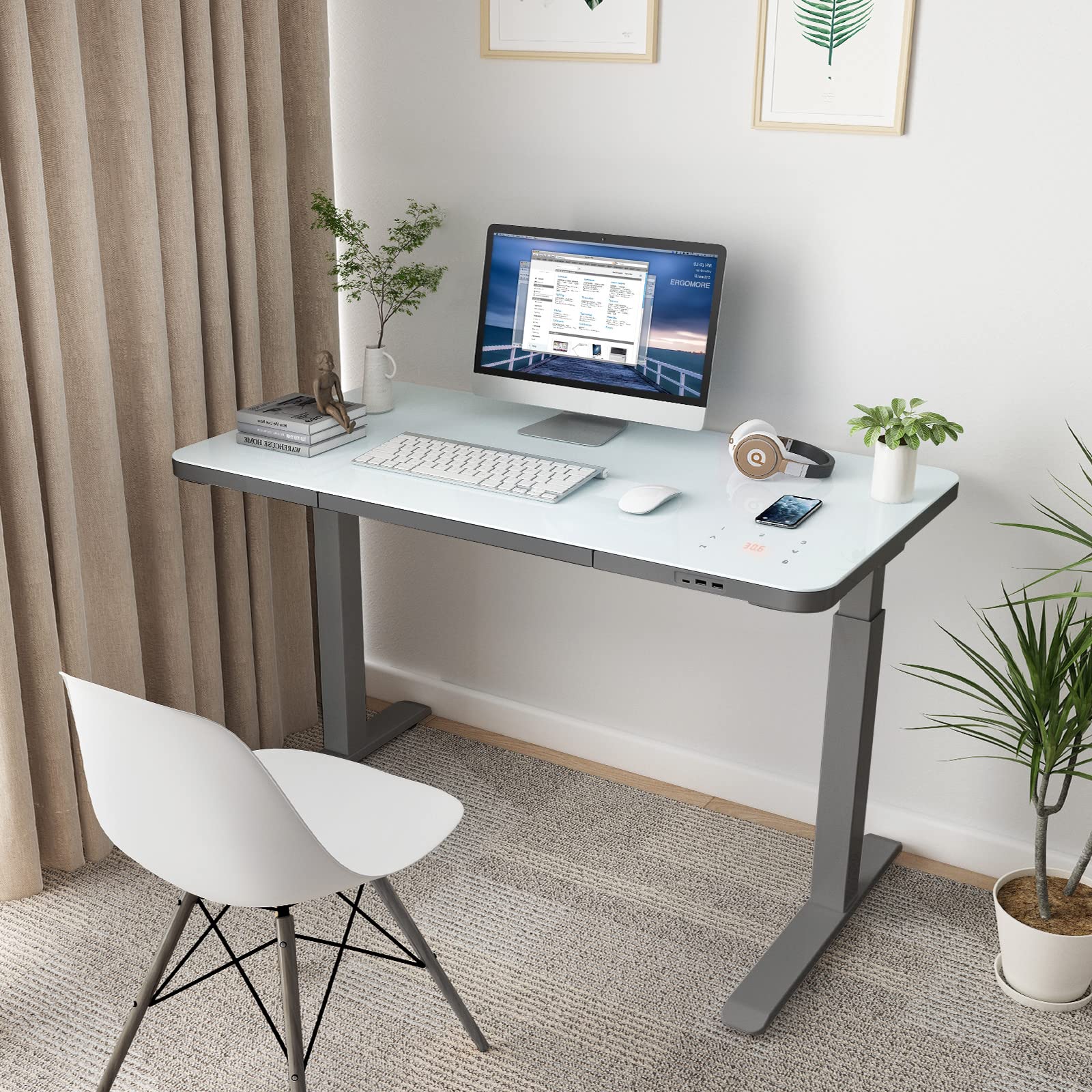 ERGOMORE Glass Standing Desk with Drawer, 45 x 23 Inches Touch Control Adjustable Height Desk with USB Ports & Wireless Charging, Dual Motor Sit Stand up Desk for Home & Office (Gray)