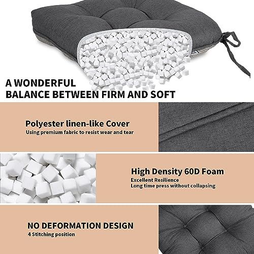 Millsilo Tufted Chair Cushions for Dining Chairs 4 Pack, 4" Thick Kitchen Chair Cushions with Ties and Non-Slip Backing, U-Shaped Indoor Chair Pads, Comfy 60D Foam Seat Cushion 15.5" X 15.5", Gray