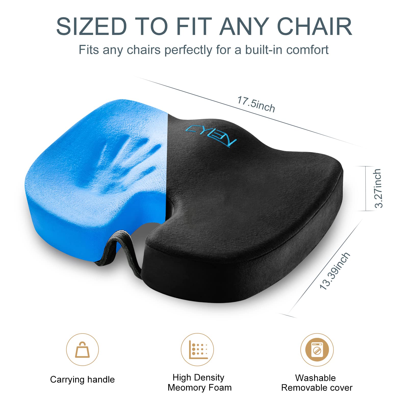 CYLEN Home Office Seat Cushion - Comfort Memory Foam Chair Cushion with Cooling Gel Infused for Tailbone, Coccyx, Back & Sciatica Pain Relief (Black-Blue)