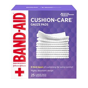 band-aid brand absorbent cushion care sterile square gauze pads for first aid protection of minor cuts, scrapes & burns, non-adhesive, wound care dressing pads, large, 4 in x 4 in, 25 ct