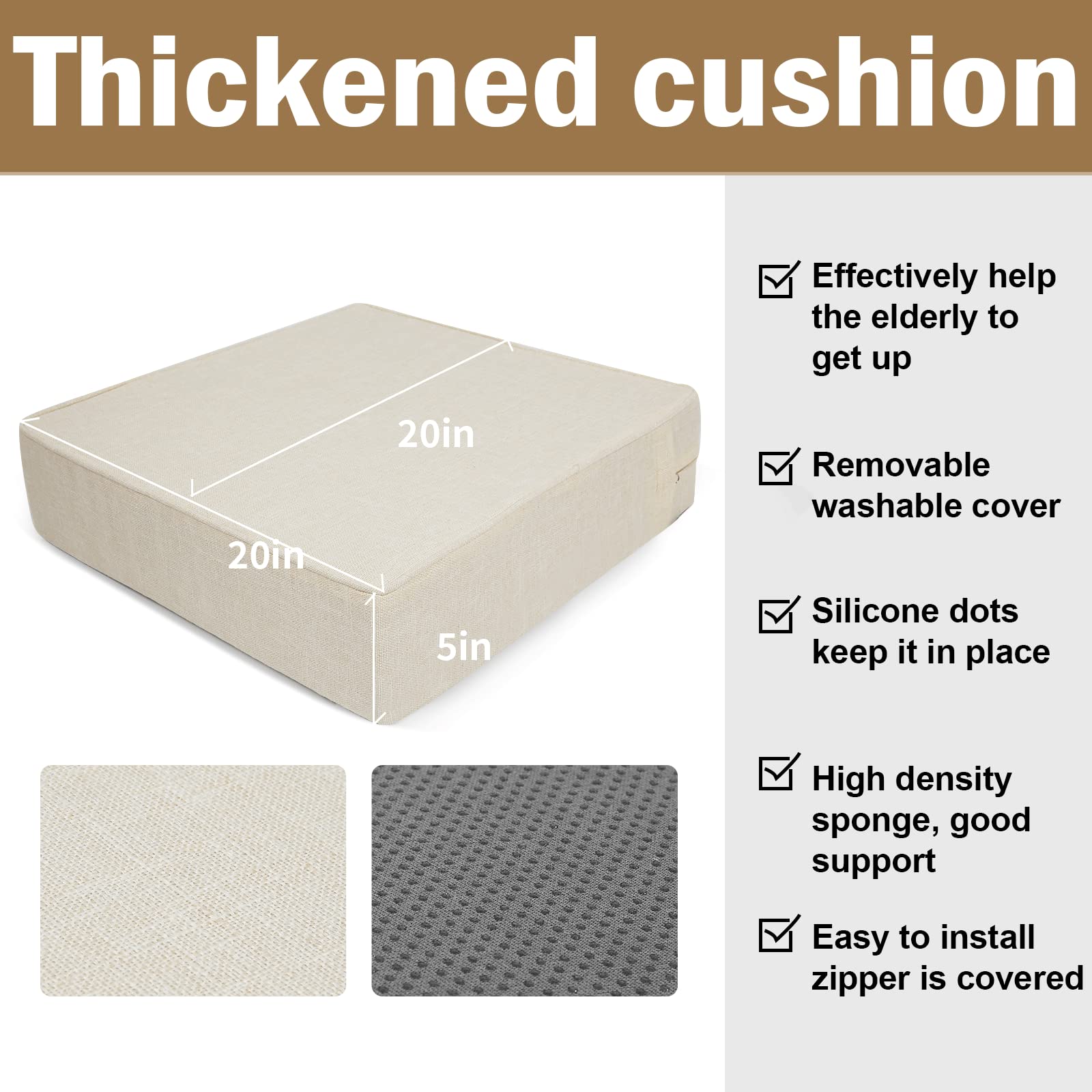 BUYUE Thickened Chair Cushion for Elderly 20" x 20" x 5", Original Linen High-Density Foam Recliner Chair Pad Couch Armchair Seat Cushion, Beige