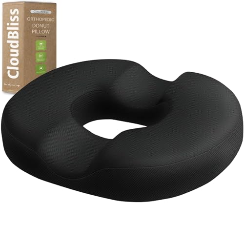 CloudBliss Donut Pillow Seat Cushion for Tailbone Pain Relief and Hemorrhoids, Memory Foam Seat Chair Cushion for Postpartum Pregnancy, Seat Cushions for Men and Women for Home & Office, (Black)