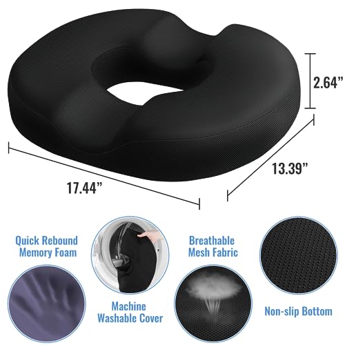 CloudBliss Donut Pillow Seat Cushion for Tailbone Pain Relief and Hemorrhoids, Memory Foam Seat Chair Cushion for Postpartum Pregnancy, Seat Cushions for Men and Women for Home & Office, (Black)