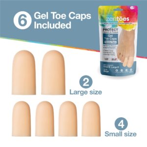 ZenToes 6 Pack Gel Toe Cap and Protector - Cushions and Protects to Provide Relief from Missing or Ingrown Toenails, Corns, Blisters, Hammer Toes (Variety, Beige)