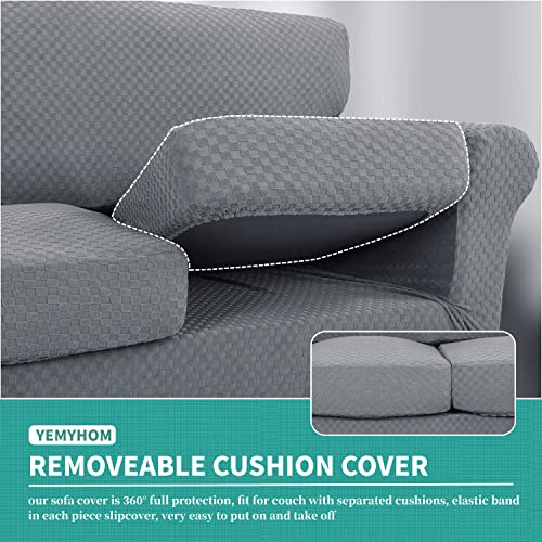 YEMYHOM Latest Checkered 3 Pieces Couch Covers for 2 Cushion Couch High Stretch Sofa Cover with 2 Extra Large Seat Cushion Covers Anti Slip Elastic Slipcovers (Light Gray), 71"-91"(2 CUSHIONS)