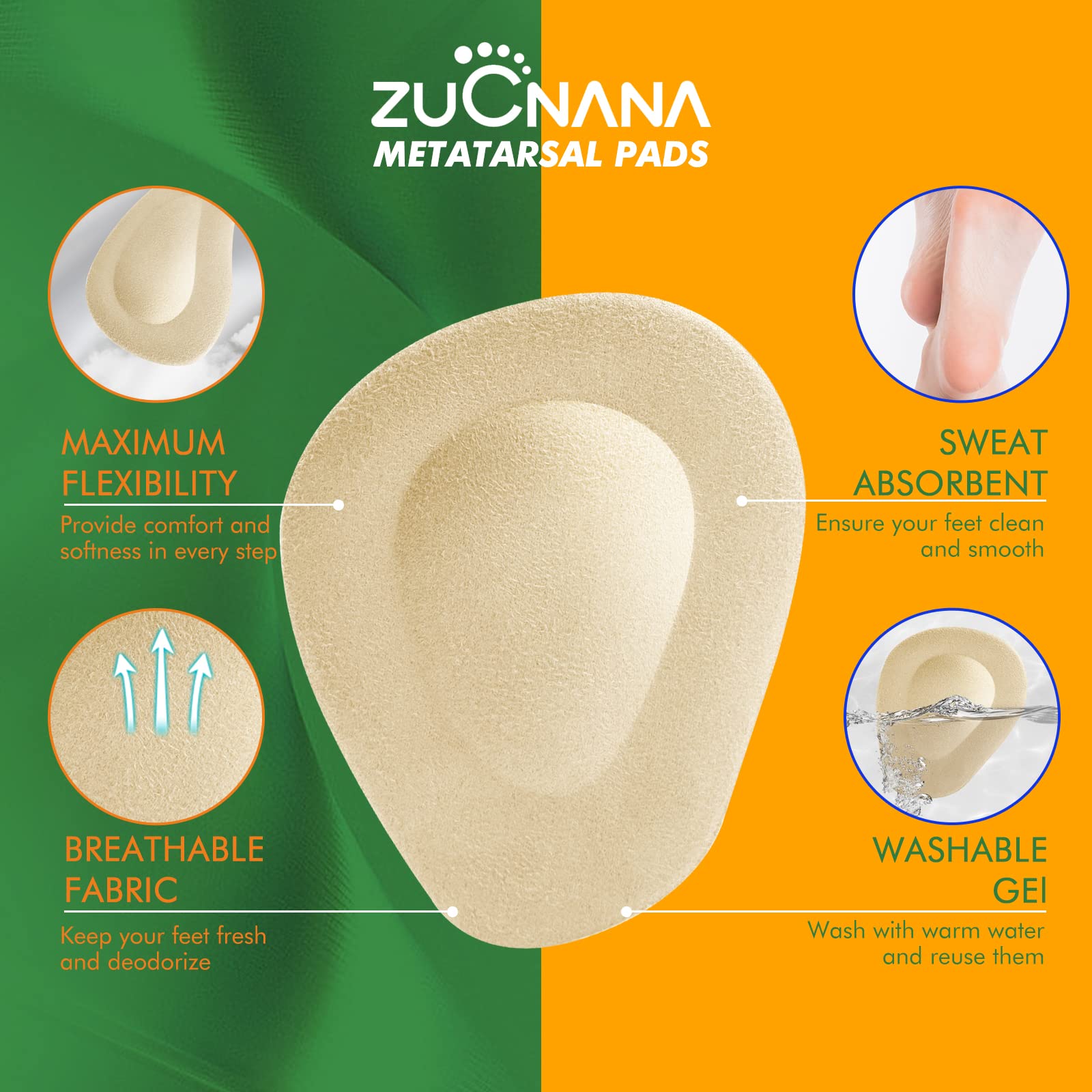 ZUCNANA Metatarsal Pads for Women (12 Pieces) | Ball of Foot Cushions for Women High Heels | Soft Gel Shoe Inserts for Foot Pain Relief from Mortons Neuroma and Callus | Anti-Slip One Size Fits Any