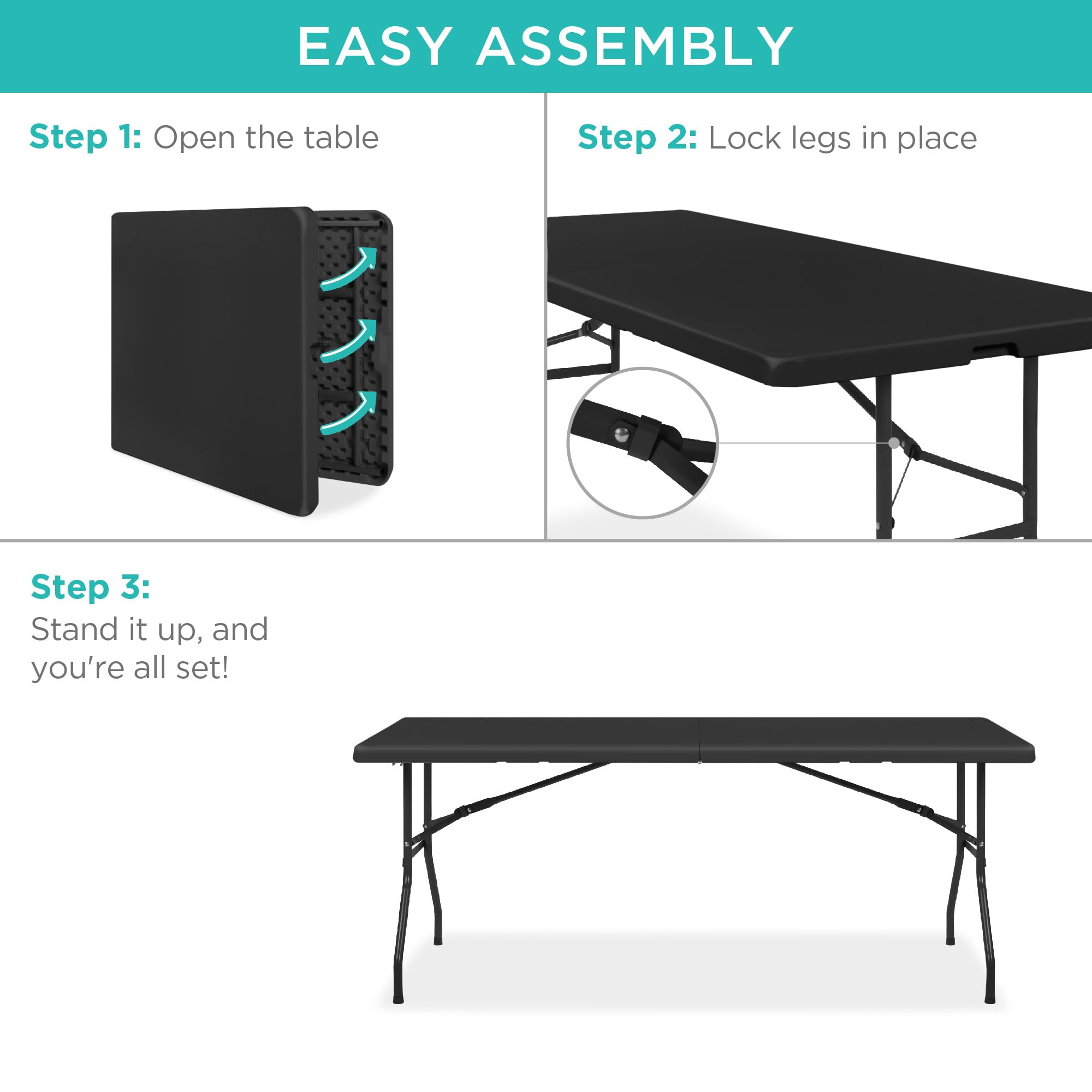 Best Choice Products 6ft Plastic Folding Table, Indoor Outdoor Heavy Duty Portable w/Handle, Lock for Picnic, Party, Camping - Black