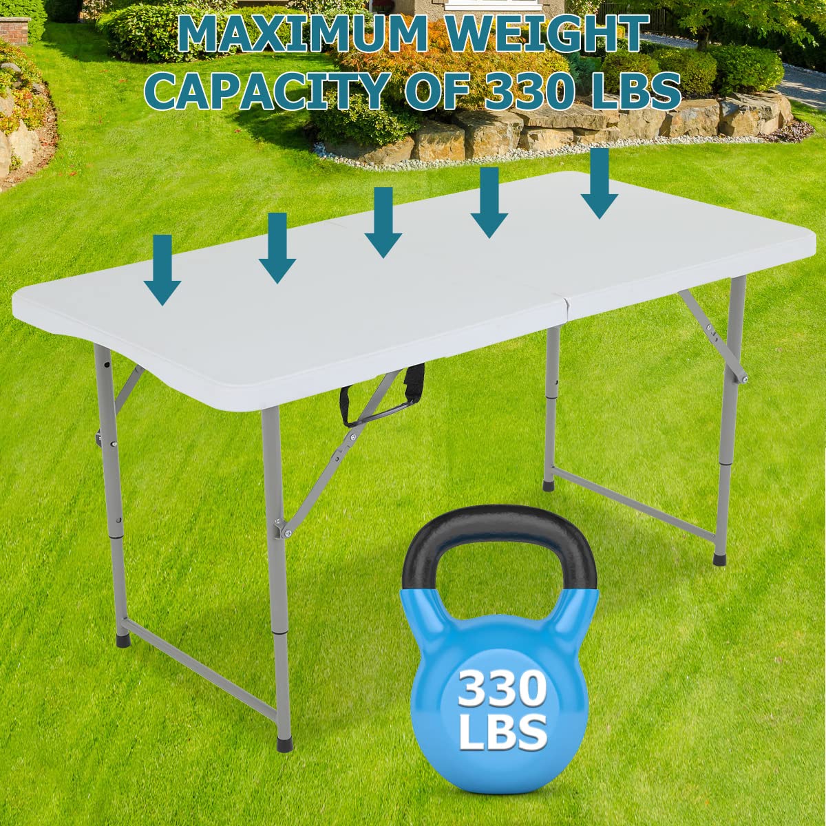 Pazidom 4FT Folding Table, Height Adjustable Table, Heavy Duty Plastic Table Portable Fold-in-Half Utility Table w/Handle & Lock for Camping BBQ Party Banquet Wedding Market Events, 330LBS