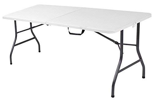 Ontario Furniture 6 Foot Plastic Folding Table - Folds in Half with Carrying Handle Rectangular - Lightweight and Portable - White Resin with Sturdy Steel Frame