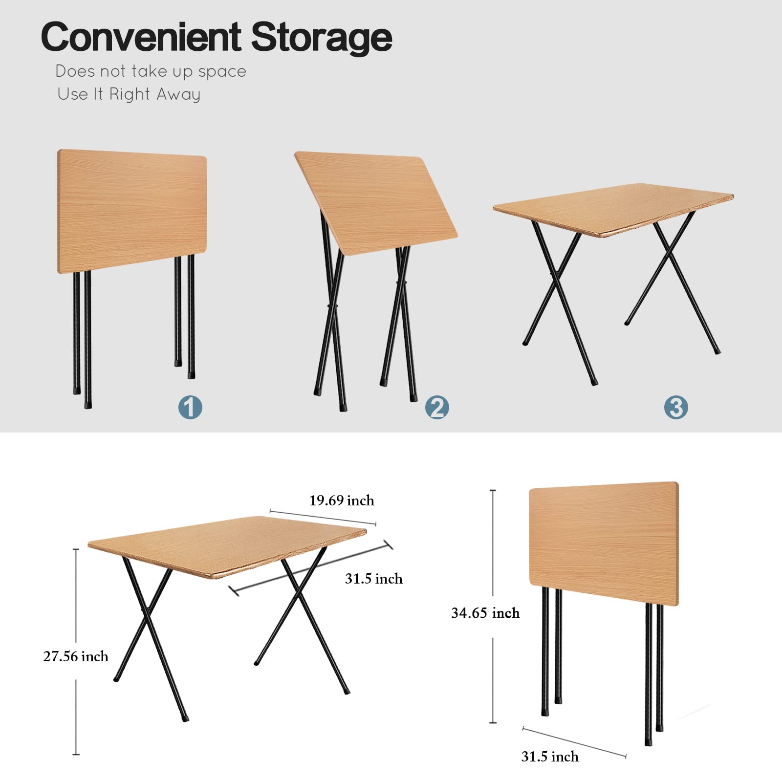 Folding TV Tray Table, 2.6-Foot TV Dinner Folding Table for Small Space Eating, Dinner Foldable Side Desk with Wooden Top and Metal Frame(1 Piece-Natural)