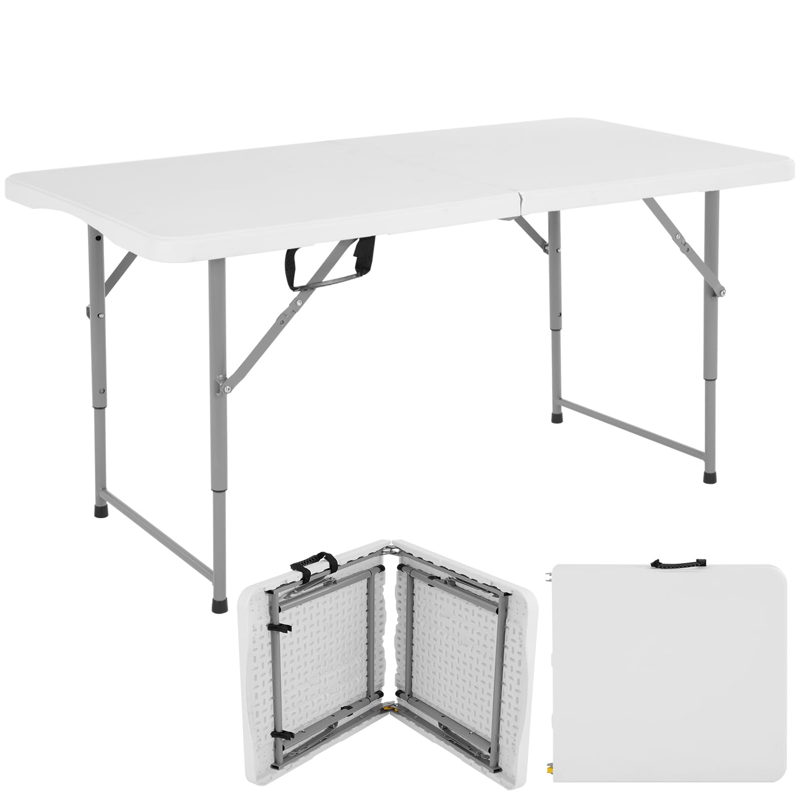 Folding Table, 4 FT Heavy Duty Plastic Foldable Table with Carrying Handle, Adjustable Height Portable Party Tables for Garden Party Picnic Camping BBQ Dining Kitchen Wedding Market Events