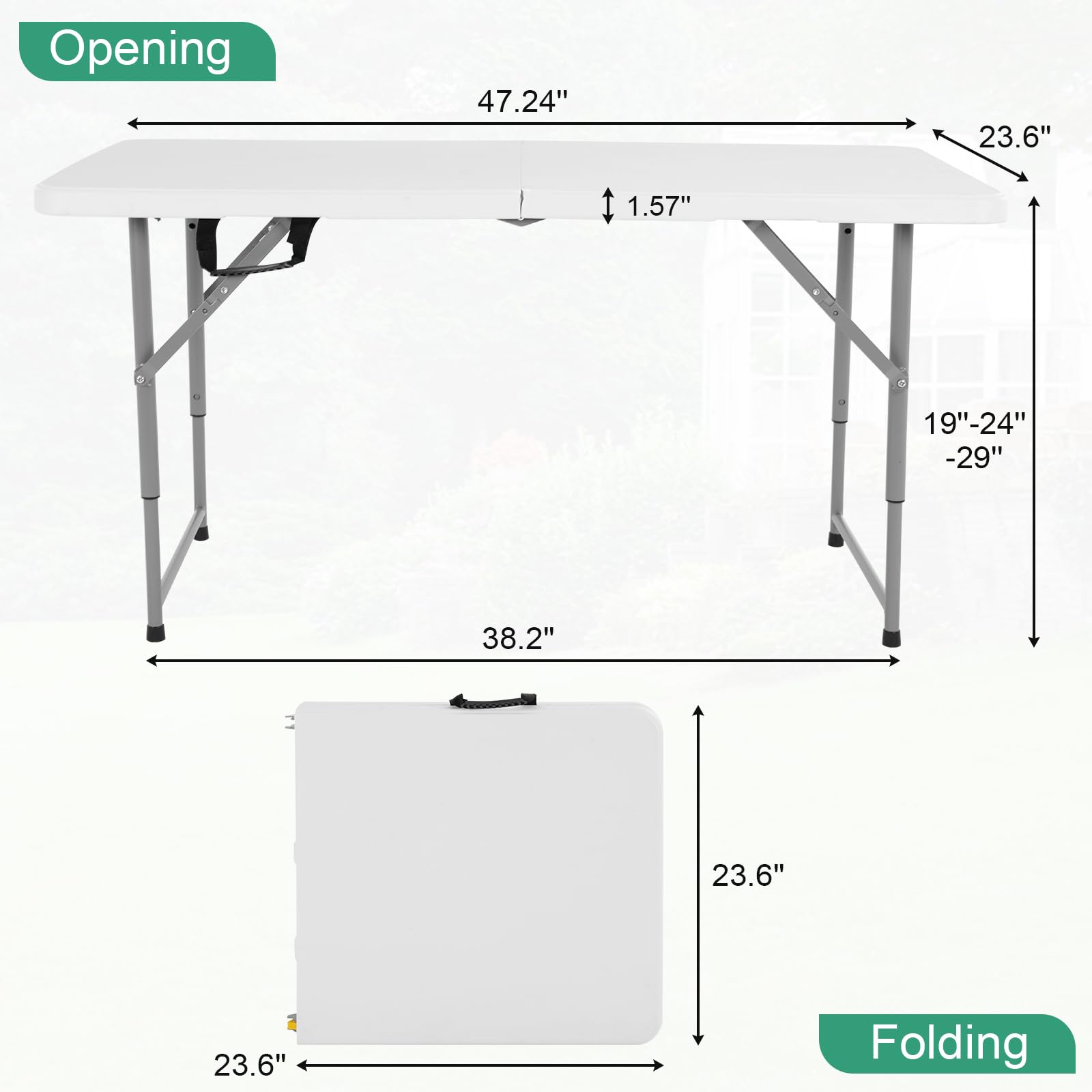 Folding Table, 4 FT Heavy Duty Plastic Foldable Table with Carrying Handle, Adjustable Height Portable Party Tables for Garden Party Picnic Camping BBQ Dining Kitchen Wedding Market Events