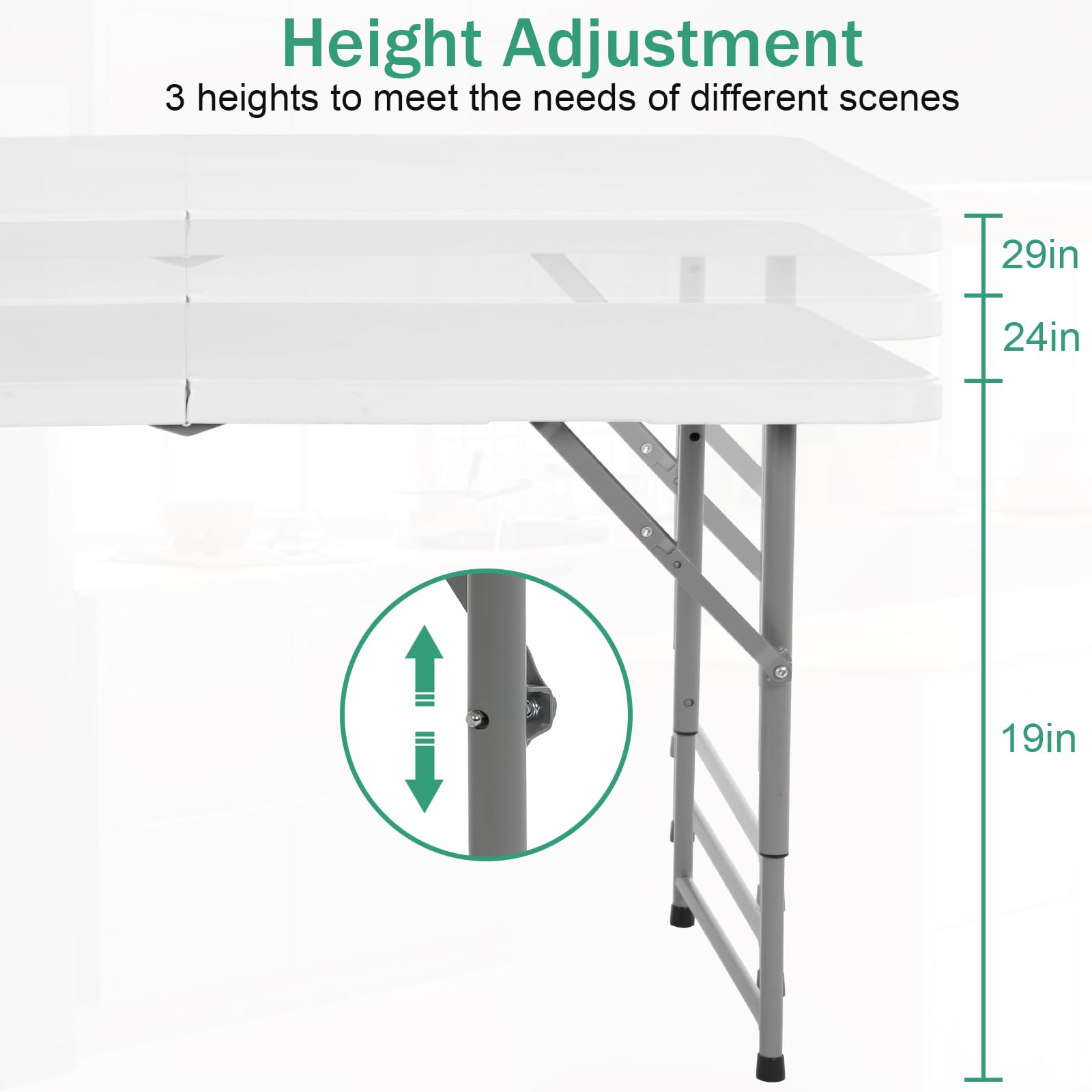 Folding Table, 4 FT Heavy Duty Plastic Foldable Table with Carrying Handle, Adjustable Height Portable Party Tables for Garden Party Picnic Camping BBQ Dining Kitchen Wedding Market Events