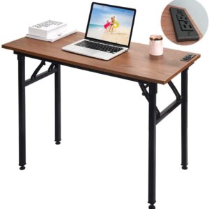 Frylr Small Foldable Desk 43.3''X 19.6''X 29.5'',Foldable Table with 2 Power Sockets and 2.1A USB Charging Ports, Folding Computer Desk for Home Office, No Install Needed, Walnut + Black Leg