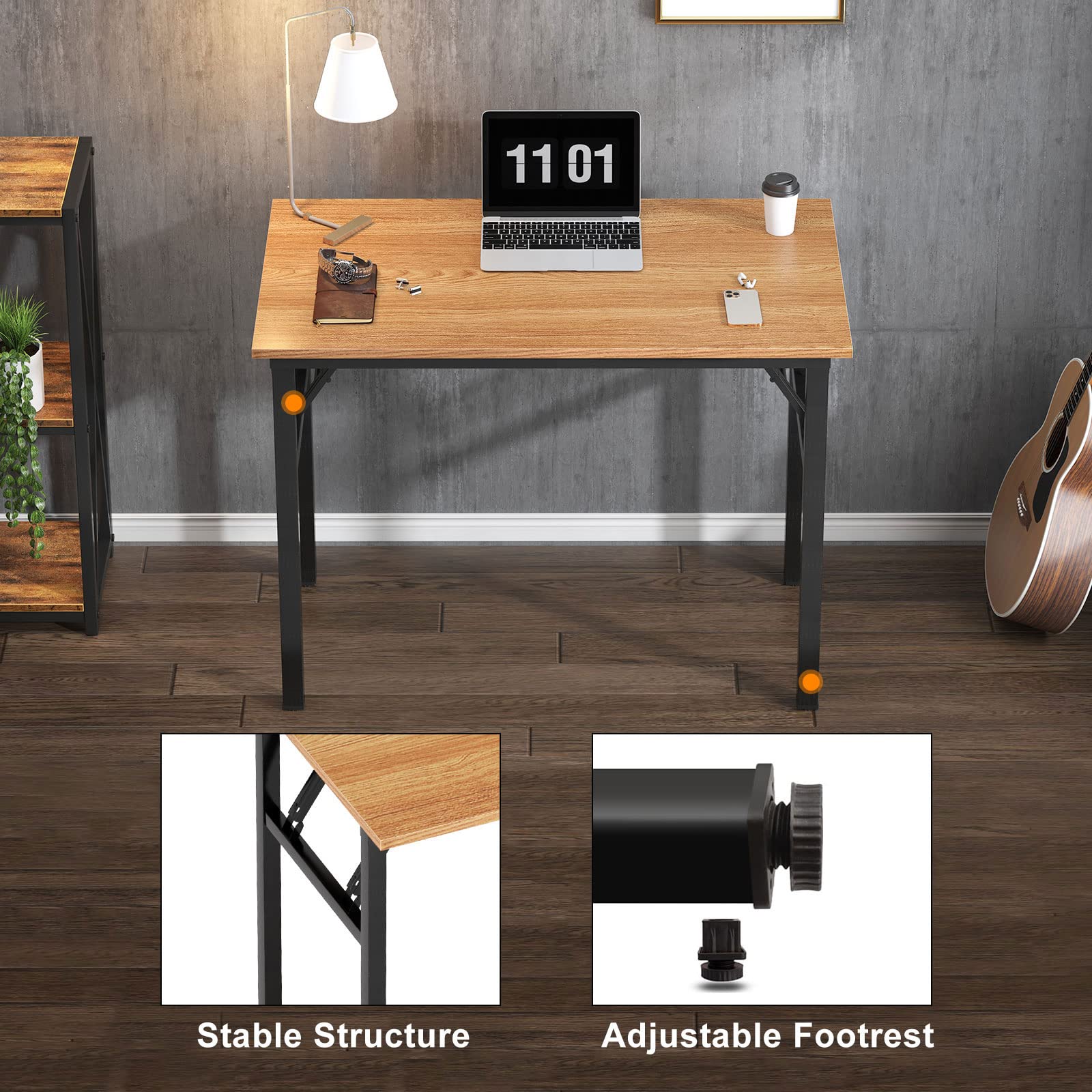 Need Small Computer Desk 31.5 inches Folding Table No Assembly Sturdy Small Writing Desk Folding Desk for Small Spaces, Teak Color Desktop and Black Steel Frame