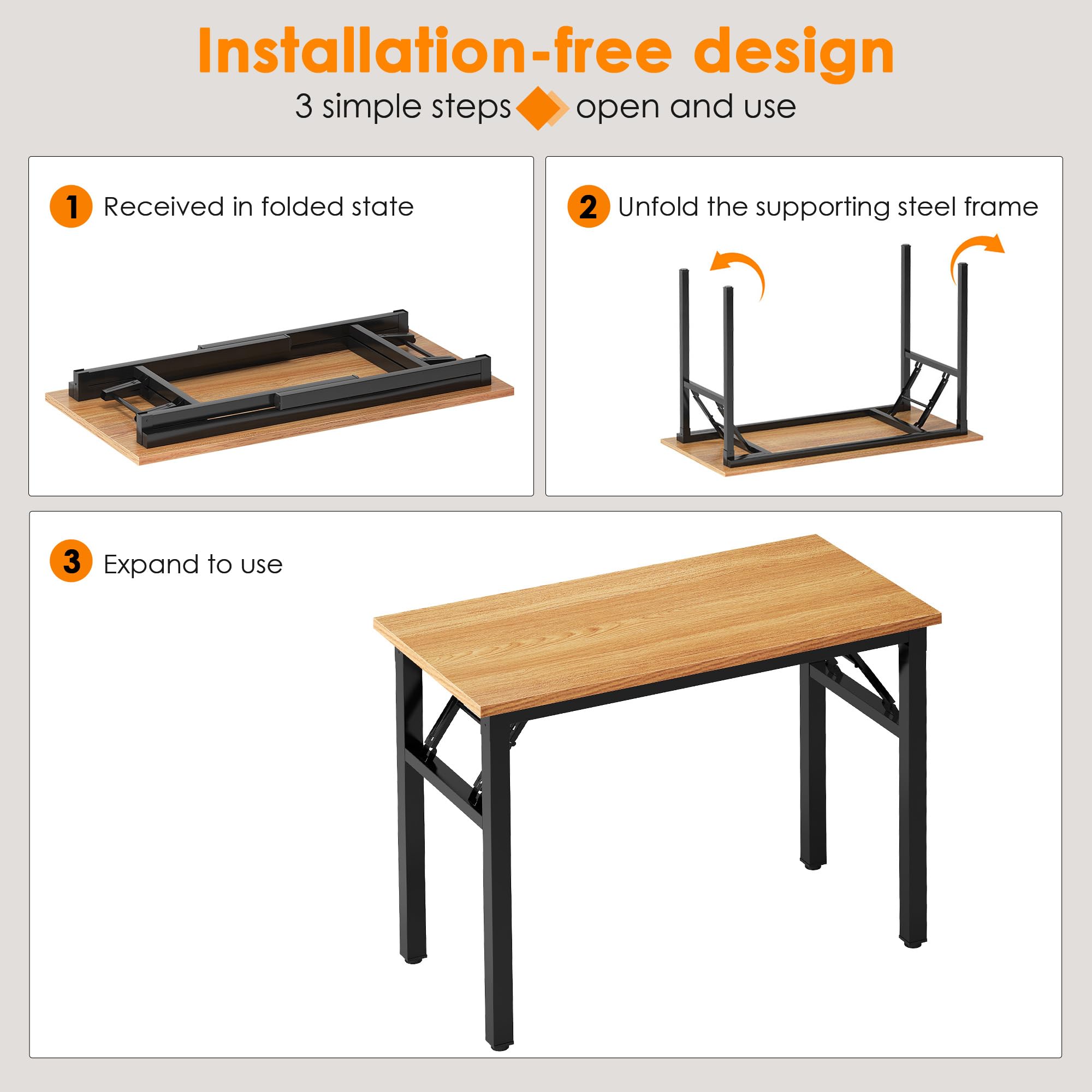 Need Small Computer Desk 31.5 inches Folding Table No Assembly Sturdy Small Writing Desk Folding Desk for Small Spaces, Teak Color Desktop and Black Steel Frame