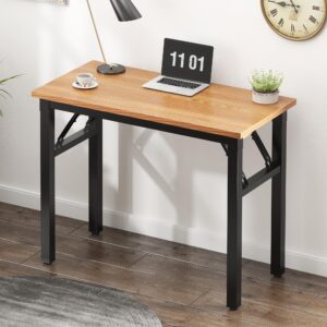 Need Small Computer Desk 31.5 inches Folding Table No Assembly Sturdy Small Writing Desk Folding Desk for Small Spaces, Teak Color Desktop and Black Steel Frame