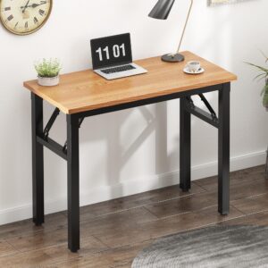 Need Small Computer Desk 31.5 inches Folding Table No Assembly Sturdy Small Writing Desk Folding Desk for Small Spaces, Teak Color Desktop and Black Steel Frame