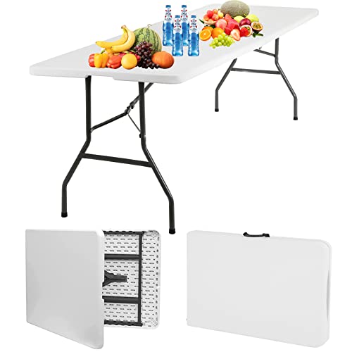 XXkseh 8FT Plastic Folding Table, Heavy Duty Utility Table, Indoor/Outdoor Use, Fold in Half, White