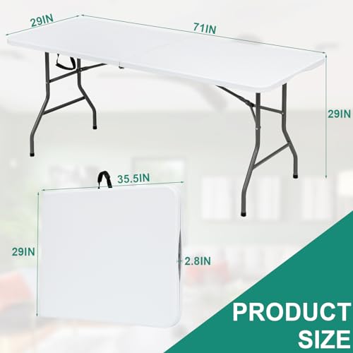 SKONYON Folding Table 6ft Portable Fold-in-Half Plastic Foldable Table for Picnic Party Dining Camp with Carrying Handle, White