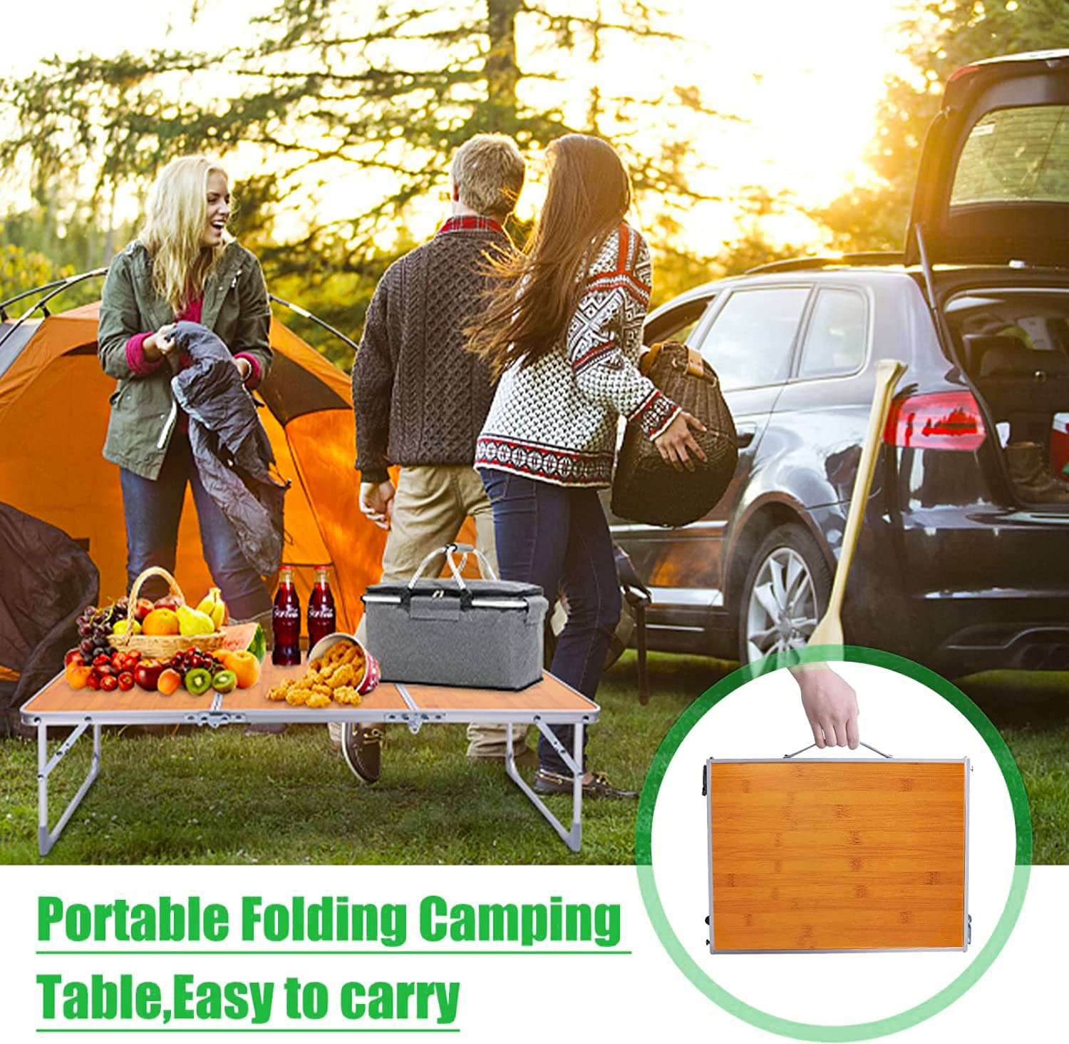 LJMBOEN Folding Camping Table,Portable Picnic Table Foldable Lightweight Outdoor Aluminum Legs,3 Fold Beach Table Carrying Handle for Beach Party Picnic Beach Home Office Cooking