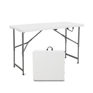 Plainsity 4ft Plastic Folding Table - Portable, Foldable, Heavy Duty Dining Table for Parties, Weddings, BBQs, Camping, Backyard Events - Indoor/Outdoor Utility Table with Carrying Handle White