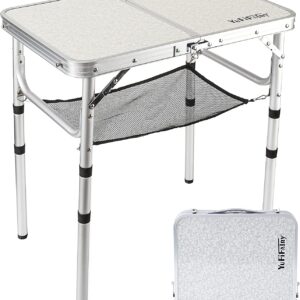 Small Folding Table 2 Foot, Portable Camping Table with Mesh Holders,Lightweight Aluminum Adjustable Height, with Carry Handle for Camping Picnic Indoor Outdoor, White 24 x 16 inch (3 Heights）