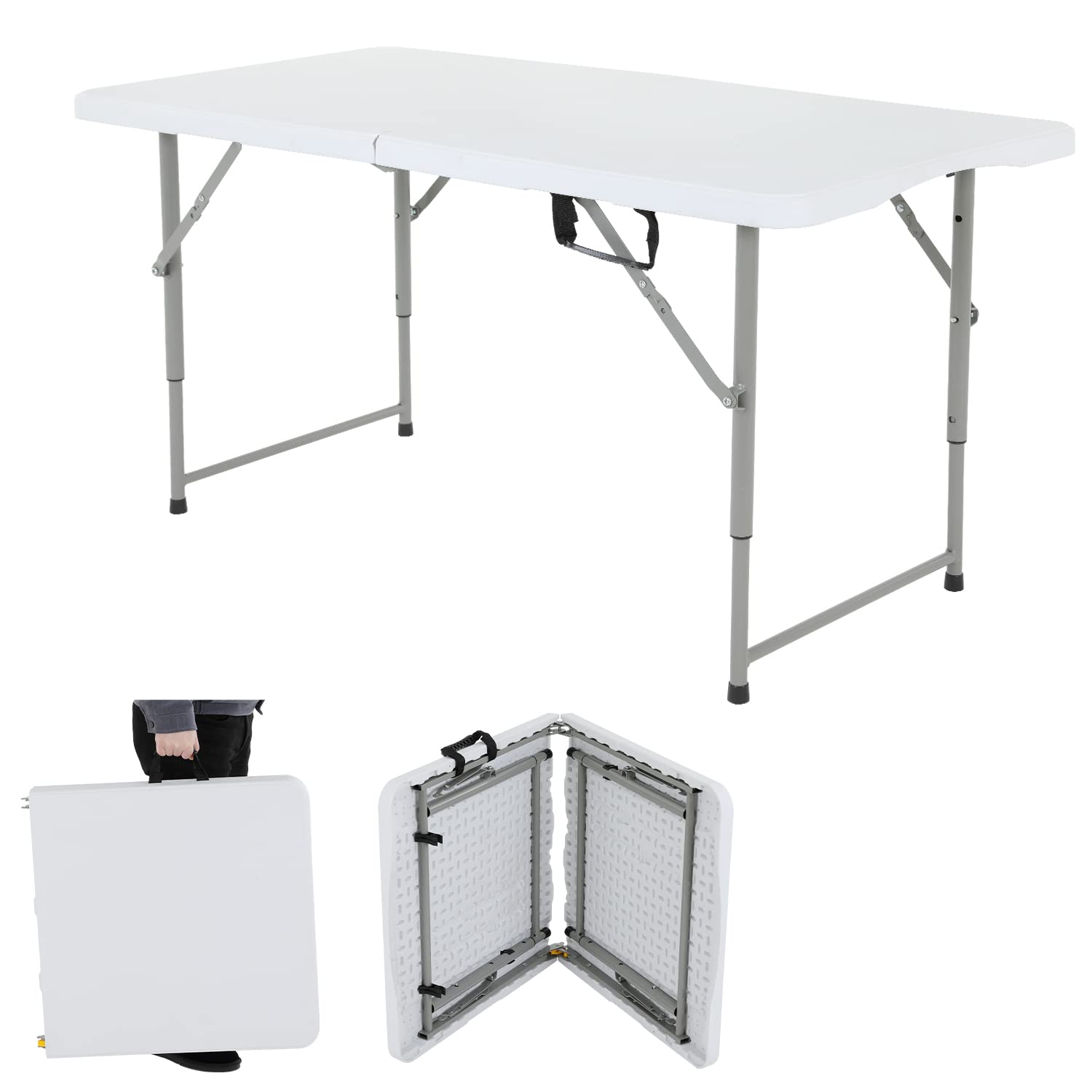 Dkeli Folding Table 4 Foot Portable Picnic Table Plastic Adjustable Height Heavy Duty for Indoor Outdoor Camping, Picnic and Party, Fold in Half with Handle and Steel Legs, White