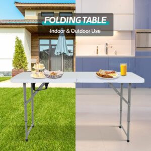 Dkeli Folding Table 4 Foot Portable Picnic Table Plastic Adjustable Height Heavy Duty for Indoor Outdoor Camping, Picnic and Party, Fold in Half with Handle and Steel Legs, White