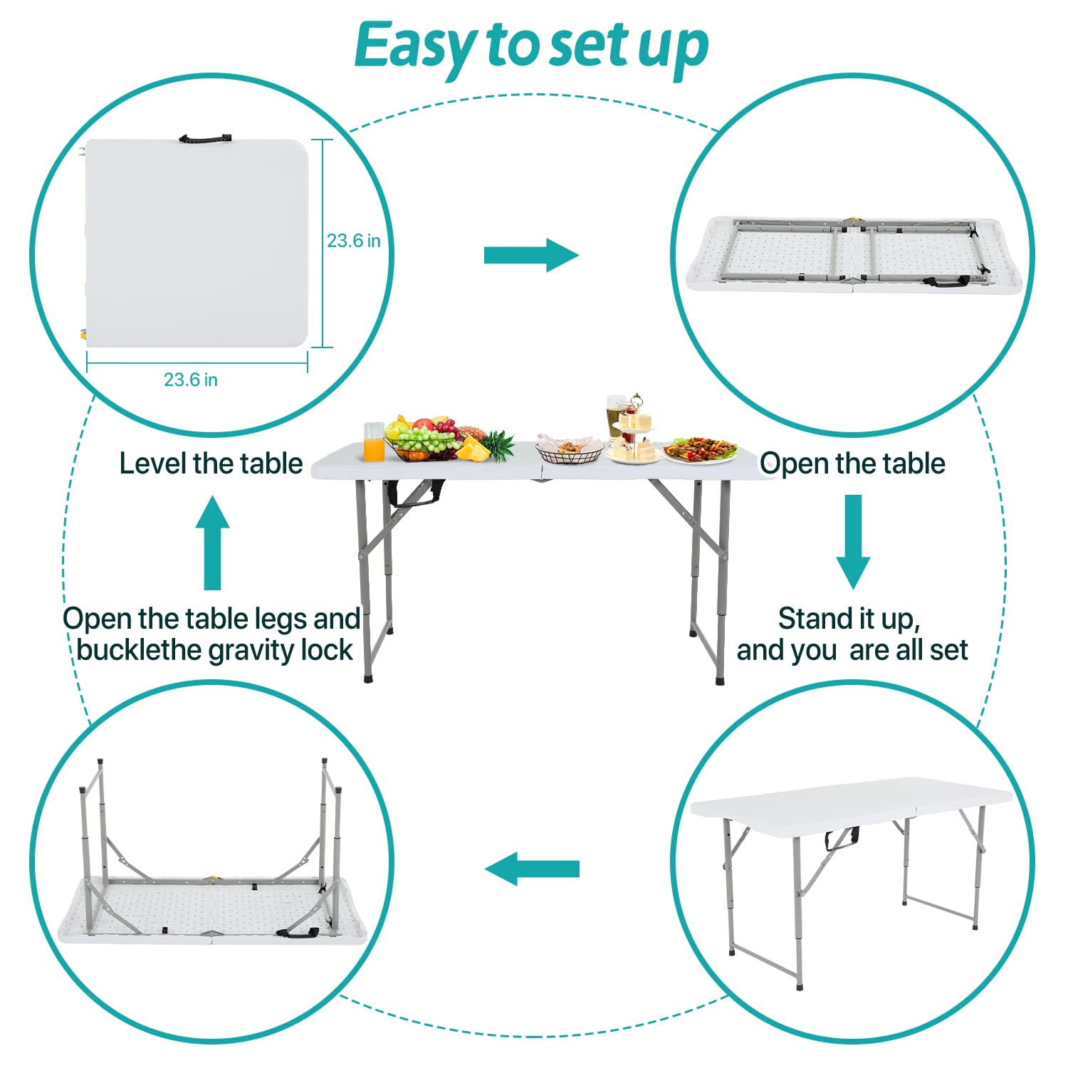 Dkeli Folding Table 4 Foot Portable Picnic Table Plastic Adjustable Height Heavy Duty for Indoor Outdoor Camping, Picnic and Party, Fold in Half with Handle and Steel Legs, White