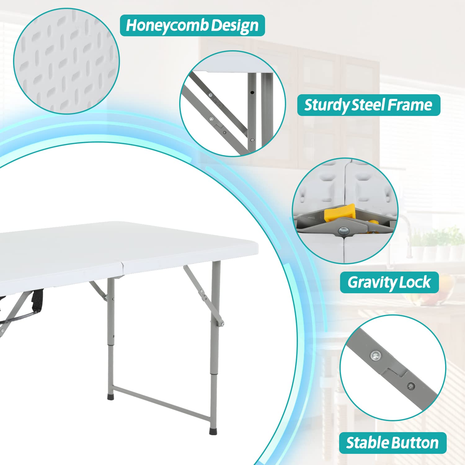 Dkeli Folding Table 4 Foot Portable Picnic Table Plastic Adjustable Height Heavy Duty for Indoor Outdoor Camping, Picnic and Party, Fold in Half with Handle and Steel Legs, White