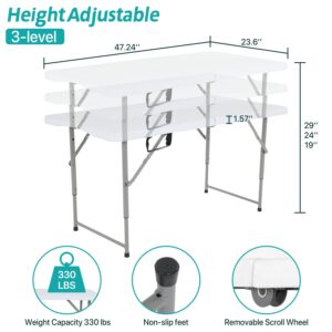 Dkeli Folding Table 4 Foot Portable Picnic Table Plastic Adjustable Height Heavy Duty for Indoor Outdoor Camping, Picnic and Party, Fold in Half with Handle and Steel Legs, White