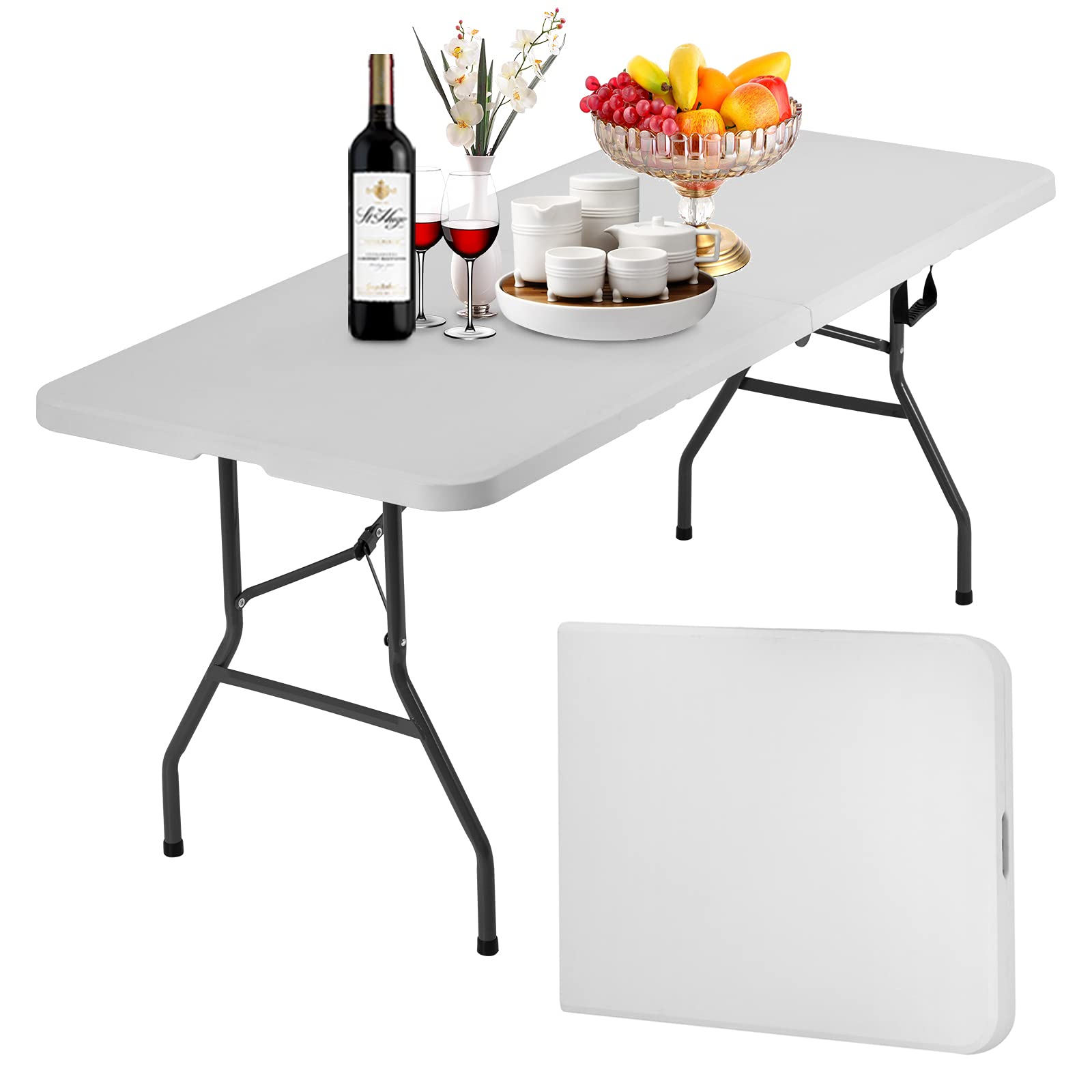 Folding Table 6 Foot Indoor Outdoor Heavy Duty Plastic Portable Fold Up Table Utility Camping Dining Party Table, Easy to Assemble, White