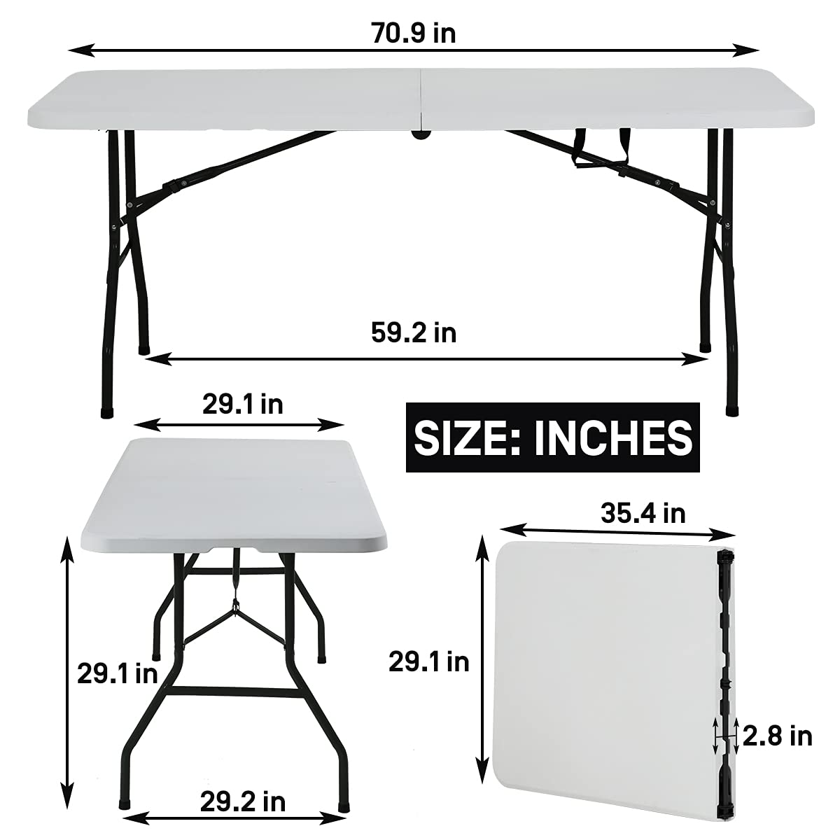 Folding Table 6 Foot Indoor Outdoor Heavy Duty Plastic Portable Fold Up Table Utility Camping Dining Party Table, Easy to Assemble, White