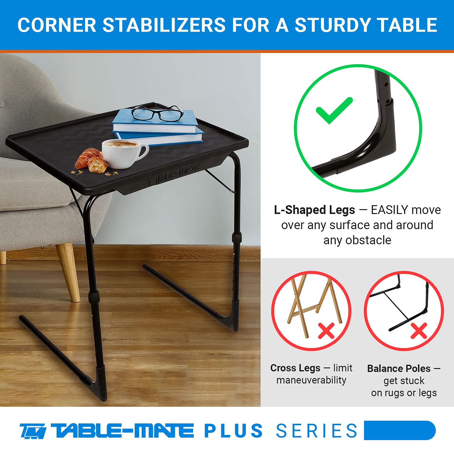 Table-Mate XL Plus Adjustable TV Table - Folding Couch Trays for Eating Snack Food, Stowaway Laptop Stand, Portable Bed Dinner Tray with 4 Set Angles, Black