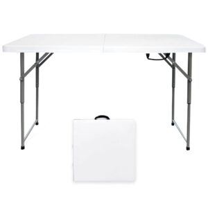 go-trio folding tables 4 foot small, foldable table adjustable height desk, card table indoor outdoor, portable plastic picnic party dining camping bar low tables, fold in half heavy duty, white
