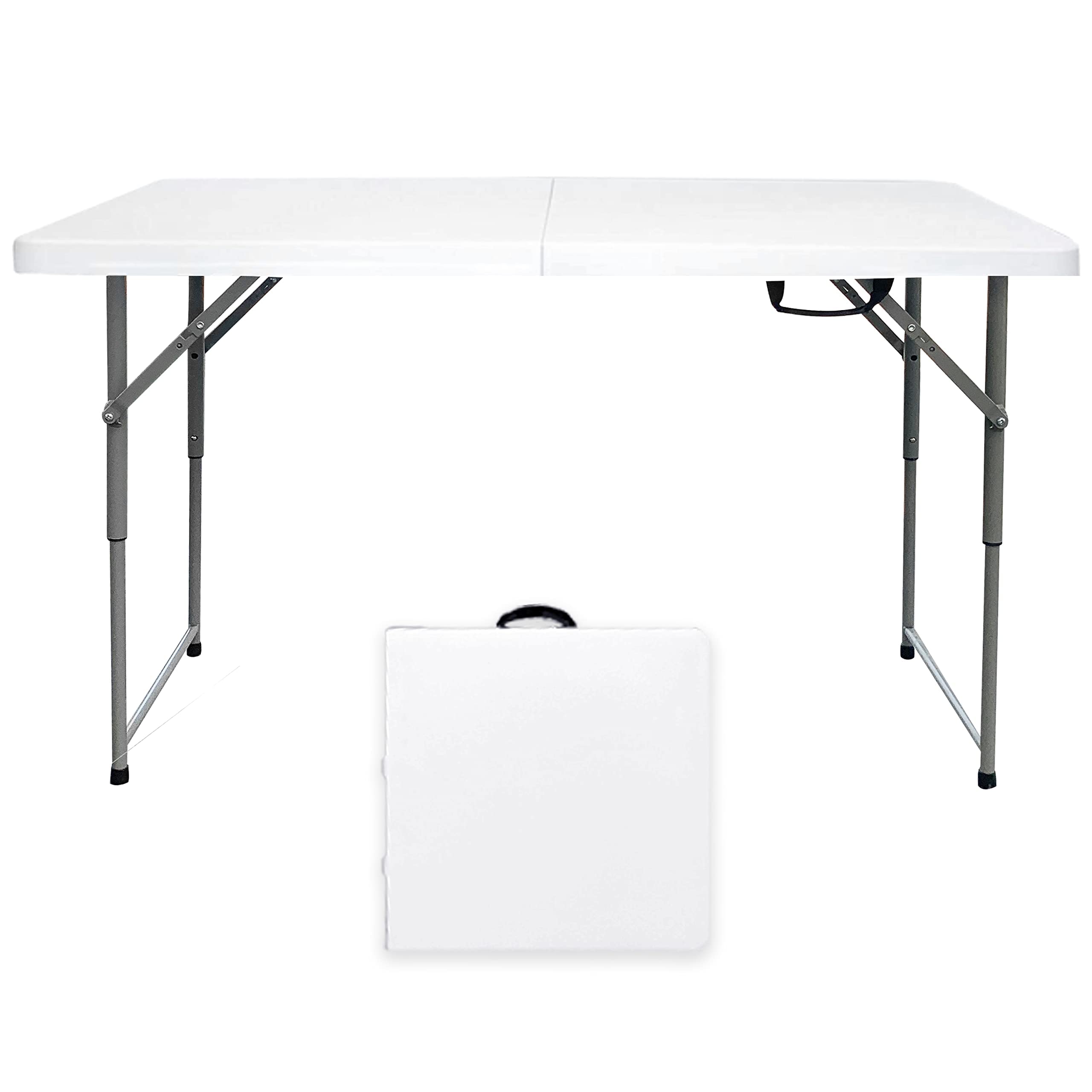 Go-Trio Folding Tables 4 Foot Small, Foldable Table Adjustable Height Desk, Card Table Indoor Outdoor, Portable Plastic Picnic Party Dining Camping Bar Low Tables, Fold in Half Heavy Duty, White