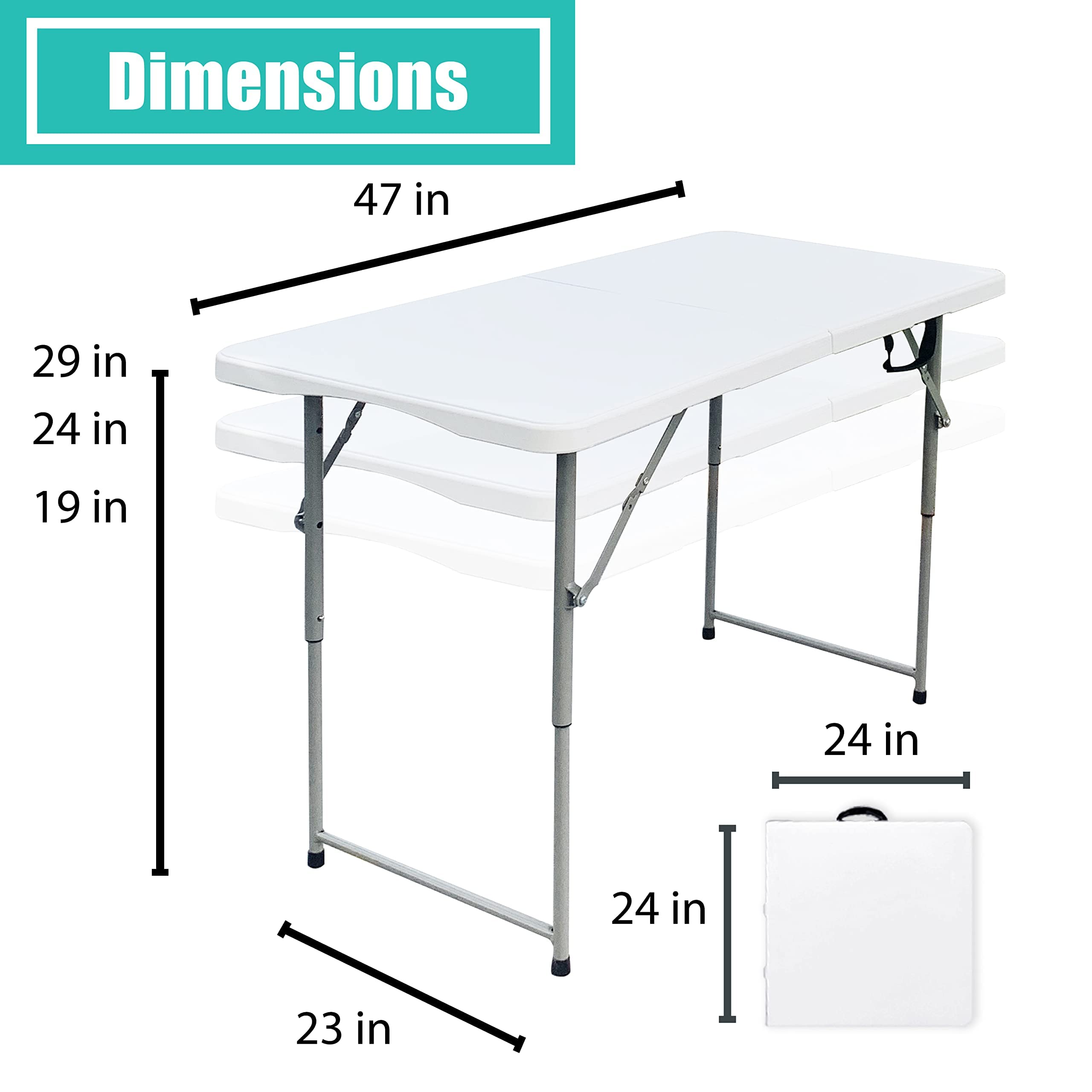 Go-Trio Folding Tables 4 Foot Small, Foldable Table Adjustable Height Desk, Card Table Indoor Outdoor, Portable Plastic Picnic Party Dining Camping Bar Low Tables, Fold in Half Heavy Duty, White