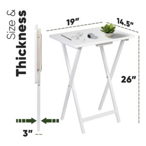 PJ Wood Lightweight Rectangle Solid Wood Construction Multifunctional Folding Table Tray with Compact Storage Rack, White, 2 Piece Set