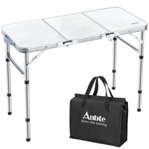 anbte camping folding table, 3ft camping table aluminum folding table with 3 adjustable height max 27.5 inch 35"x16" portable picnic table foldable table with storage net for outdoor backyard bbq