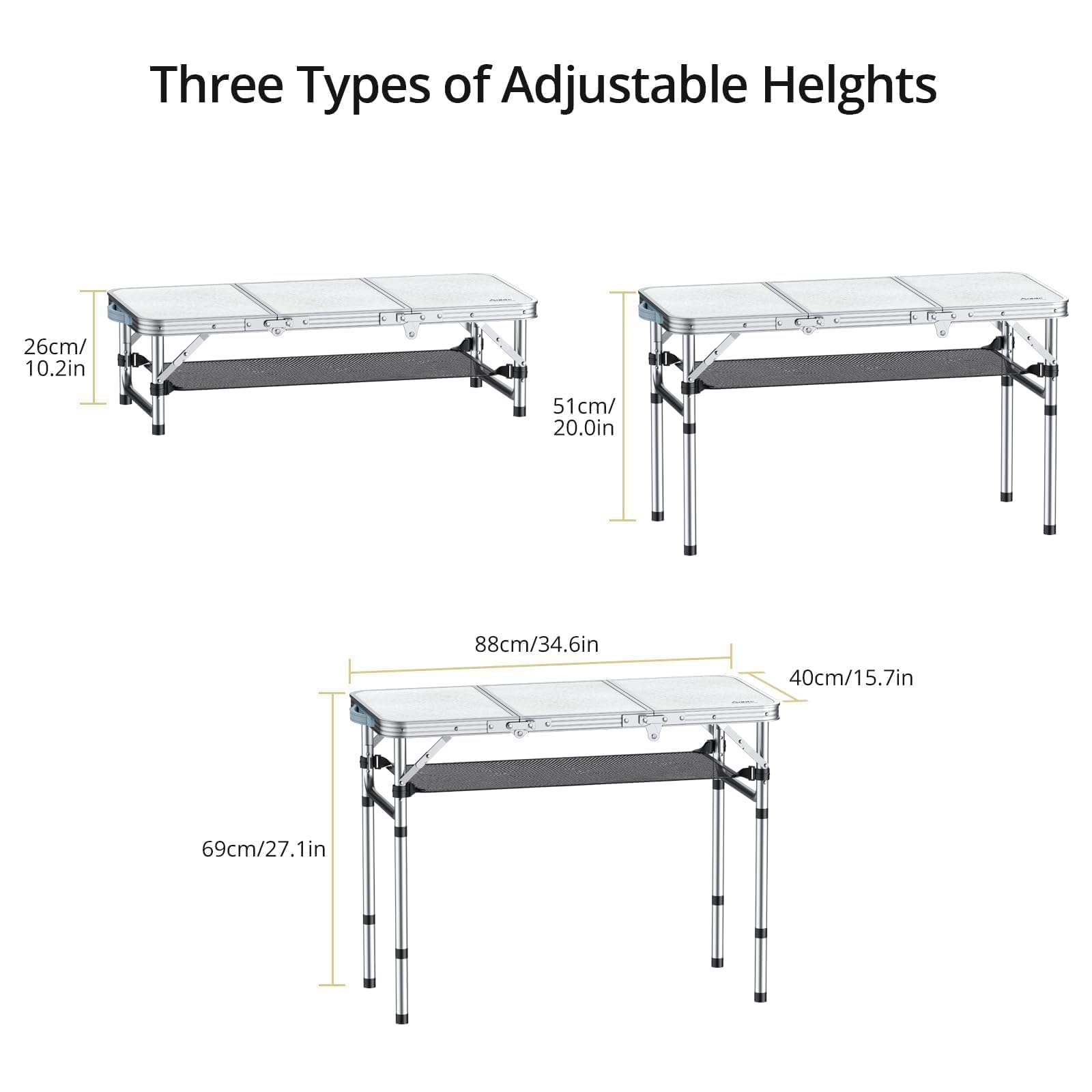 Anbte Camping Folding Table, 3ft Camping Table Aluminum Folding Table with 3 Adjustable Height Max 27.5 inch 35"X16" Portable Picnic Table Foldable Table with Storage Net for Outdoor Backyard BBQ