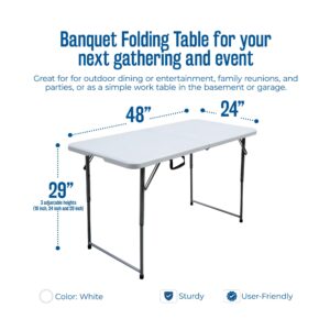 Plastic Development Group 4 Foot Long Bi Foldable Utility Garage Sale Event or Dining Banquet Multipurpose Folding Table with Carrying Handle, White