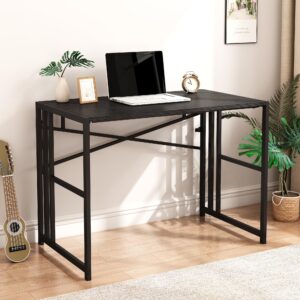 hobinche folding small computer desk, foldable space-saving home office table, simple study writing gaming workstation for small space, no assembly needed, black