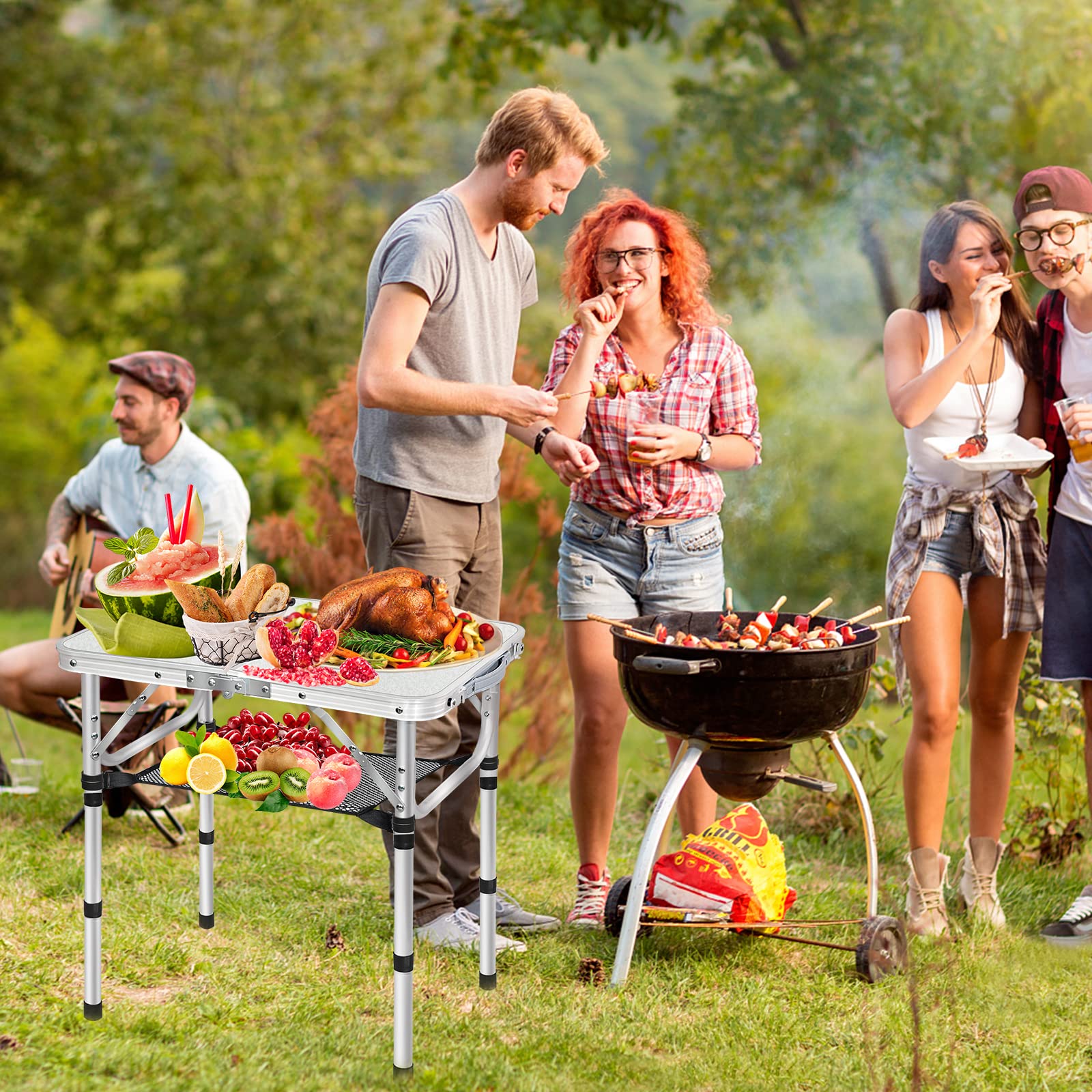 MYCOQU Small Folding Camping Table, 3 Heights Adjustable Portable Folding Camp Table, 2Ft 24''L x 16''W Aluminum Foldable Picnic Table with Mesh Layer, White Folding Table for Outdoor Indoor Beach BBQ