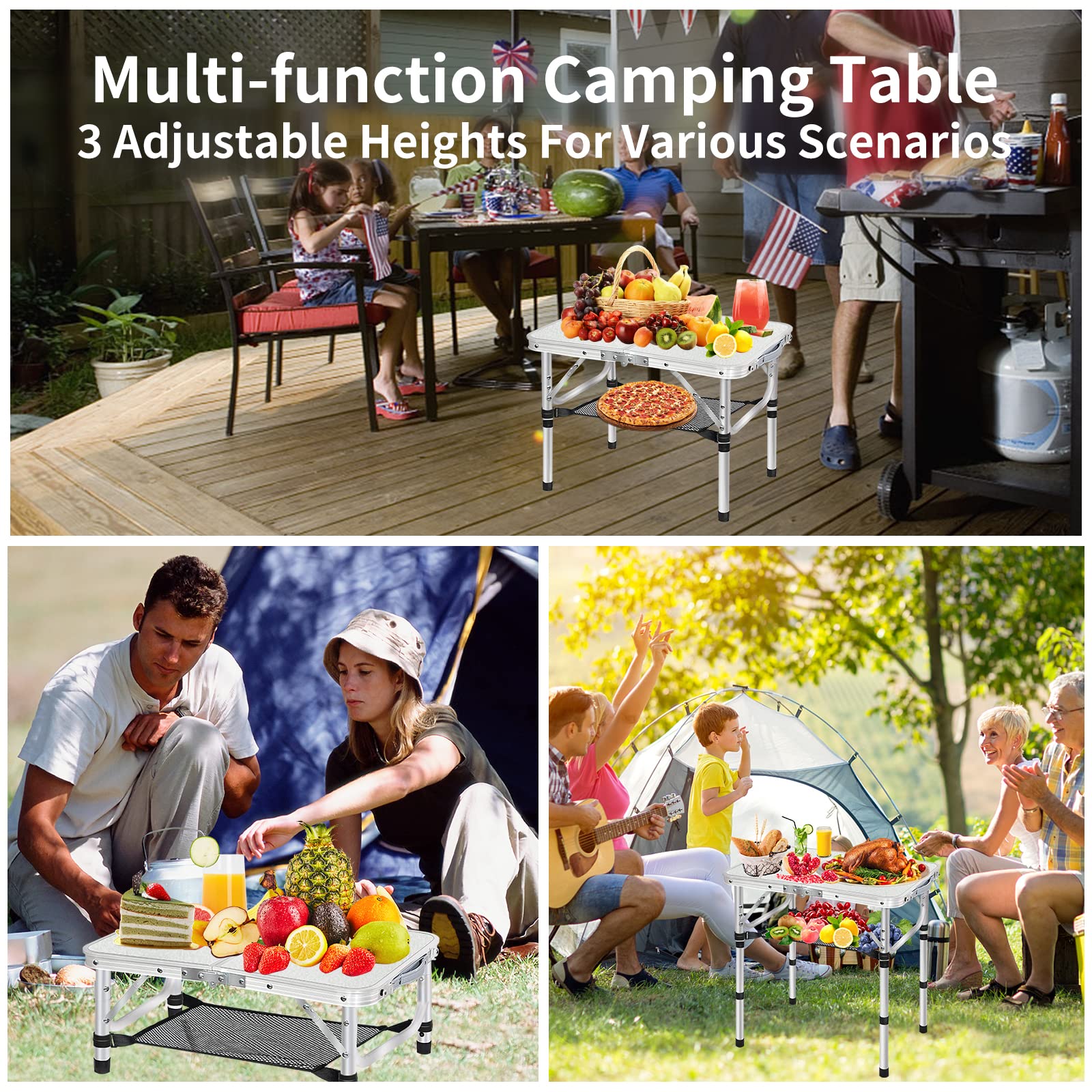 MYCOQU Small Folding Camping Table, 3 Heights Adjustable Portable Folding Camp Table, 2Ft 24''L x 16''W Aluminum Foldable Picnic Table with Mesh Layer, White Folding Table for Outdoor Indoor Beach BBQ