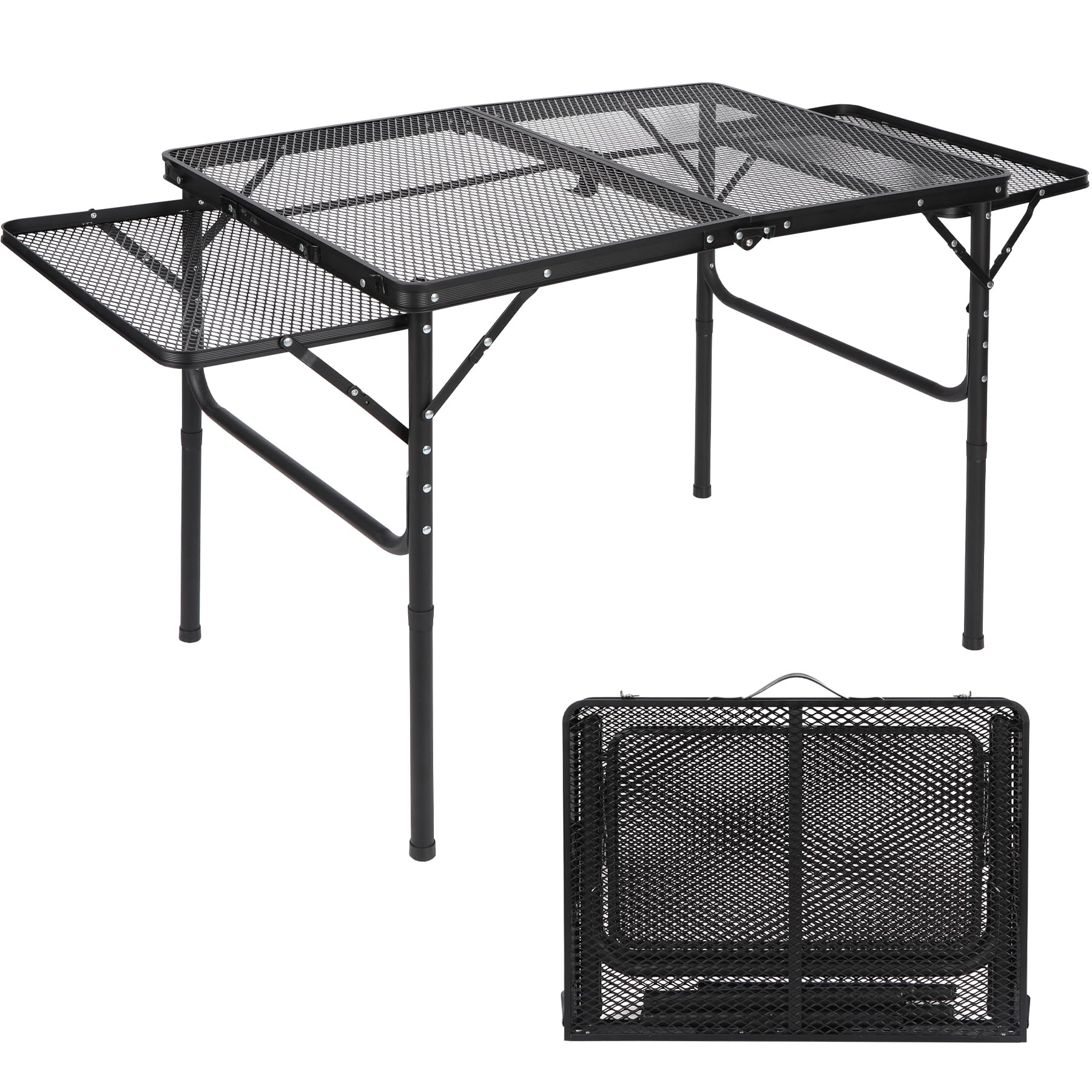 REDCAMP 36x24 Folding Grill Table for Outside with 2 Side Tables, Lightweight Portable Metal Aluminum Outdoor Grill Table with Adjustable Height Legs, Great for Camping Picnic Cooking BBQ, Black 3ft