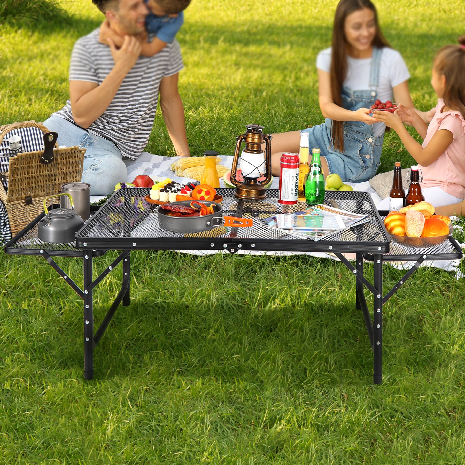 REDCAMP 36x24 Folding Grill Table for Outside with 2 Side Tables, Lightweight Portable Metal Aluminum Outdoor Grill Table with Adjustable Height Legs, Great for Camping Picnic Cooking BBQ, Black 3ft