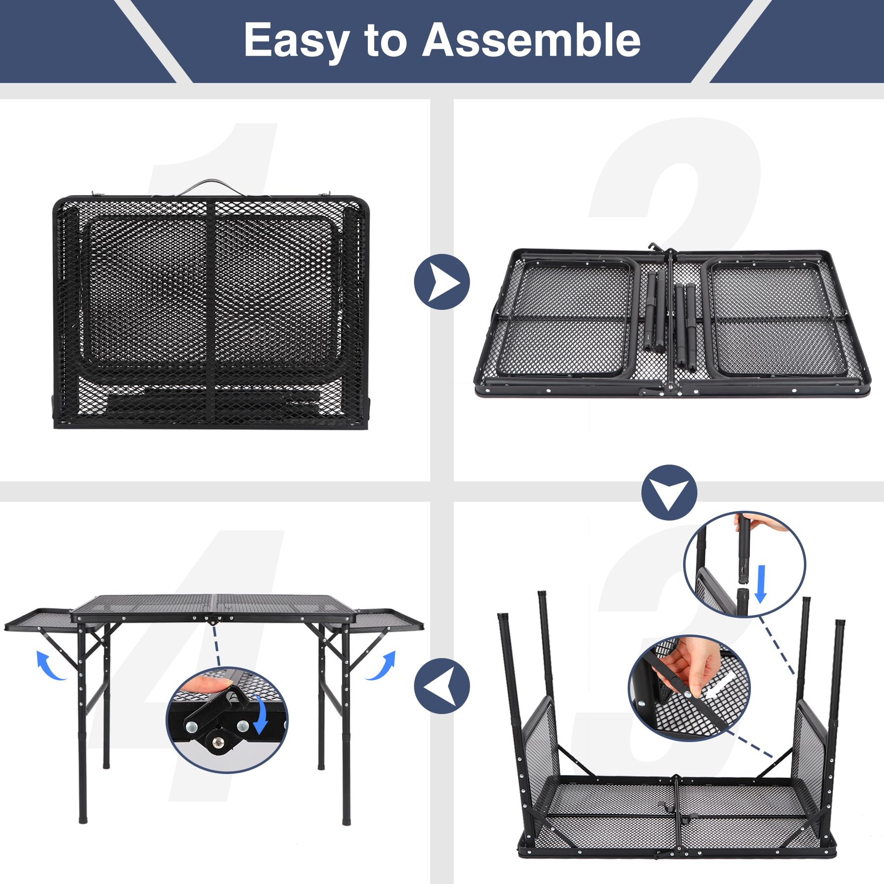 REDCAMP 36x24 Folding Grill Table for Outside with 2 Side Tables, Lightweight Portable Metal Aluminum Outdoor Grill Table with Adjustable Height Legs, Great for Camping Picnic Cooking BBQ, Black 3ft