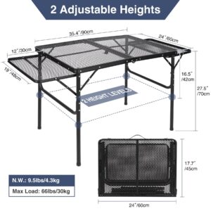 REDCAMP 36x24 Folding Grill Table for Outside with 2 Side Tables, Lightweight Portable Metal Aluminum Outdoor Grill Table with Adjustable Height Legs, Great for Camping Picnic Cooking BBQ, Black 3ft